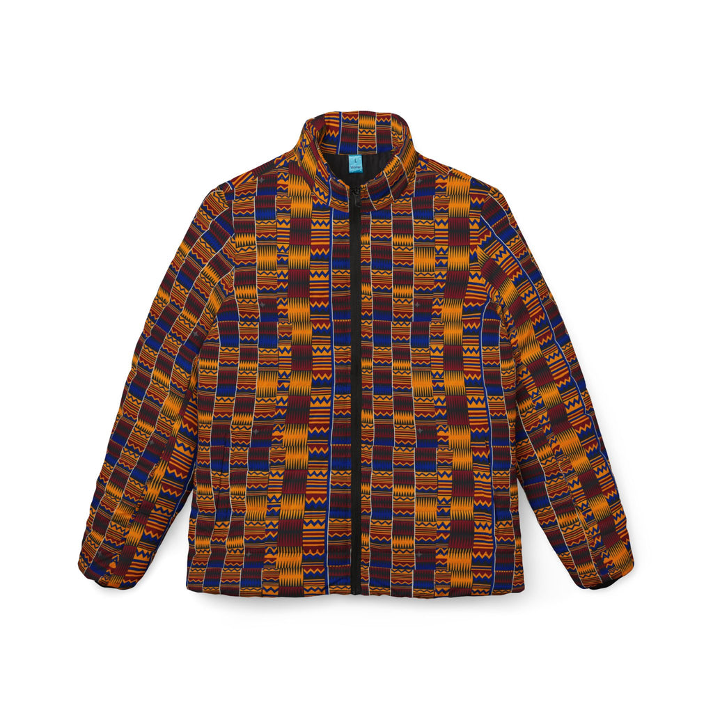 Kente-Inspired Women’s Puffer Jacket — Vibrant Geometric African Print Winter Coat