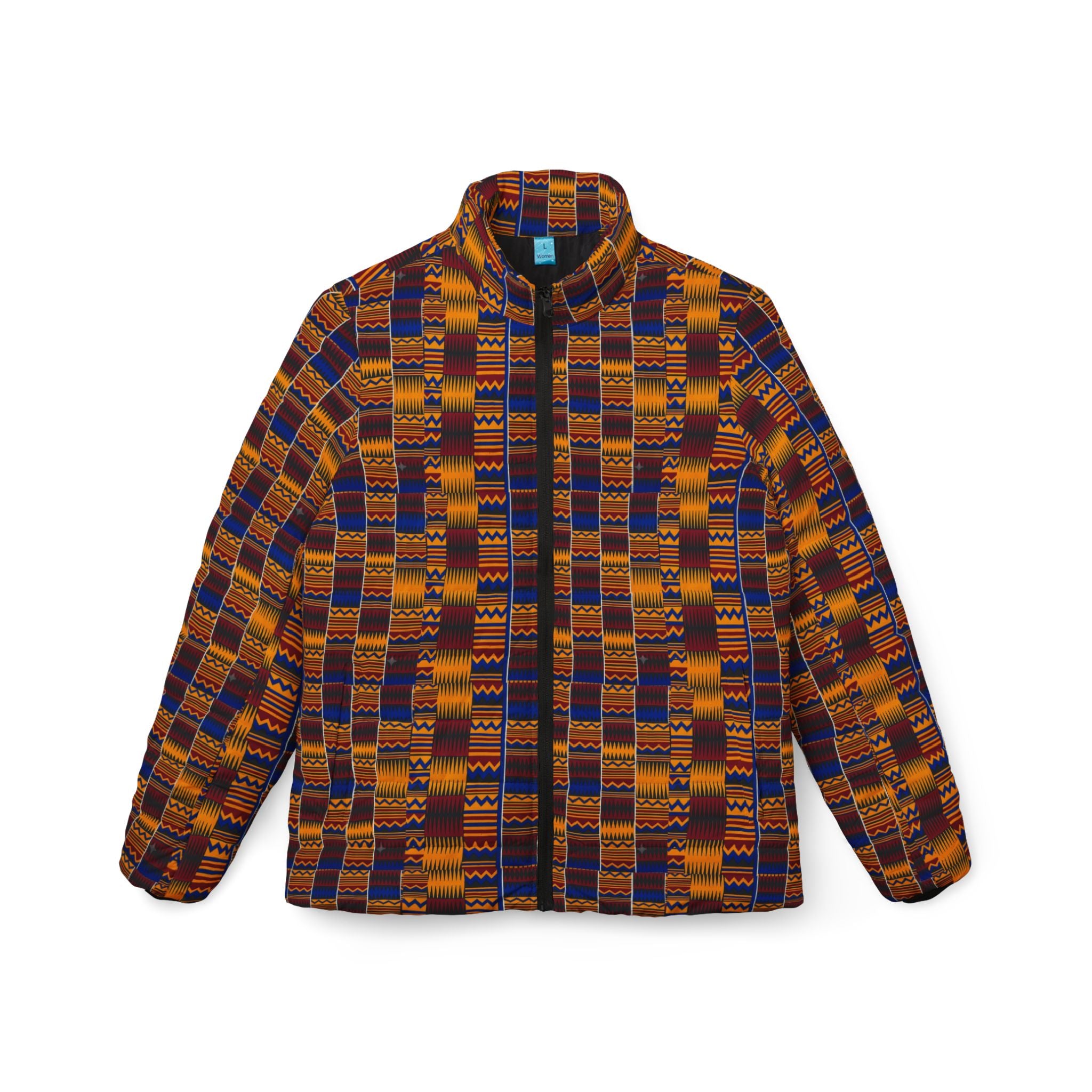 Kente-Inspired Women’s Puffer Jacket — Vibrant Geometric African Print Winter Coat