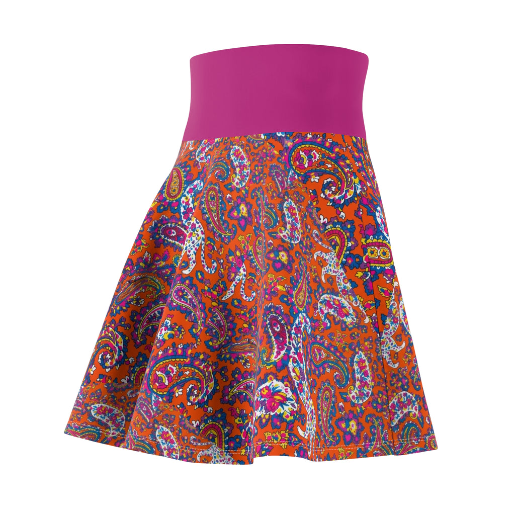 Paisley Floral Skater Skirt — Vibrant Boho Print with Magenta Waistband