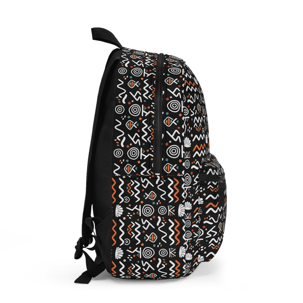 Tribal Geo Print Backpack – Black & Orange Patterned School Bag