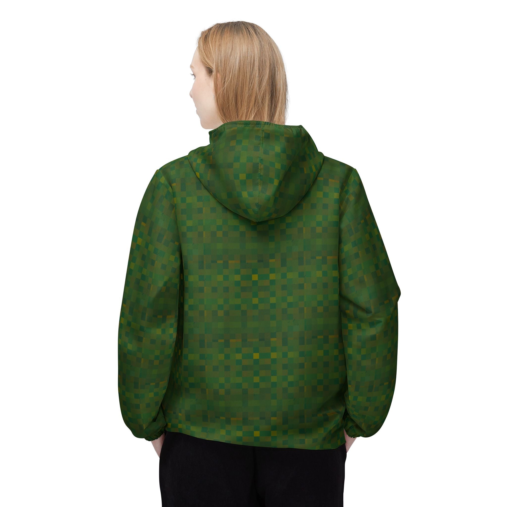 Green Checkered Windbreaker Jacket – Lightweight Hooded Outdoor Shell