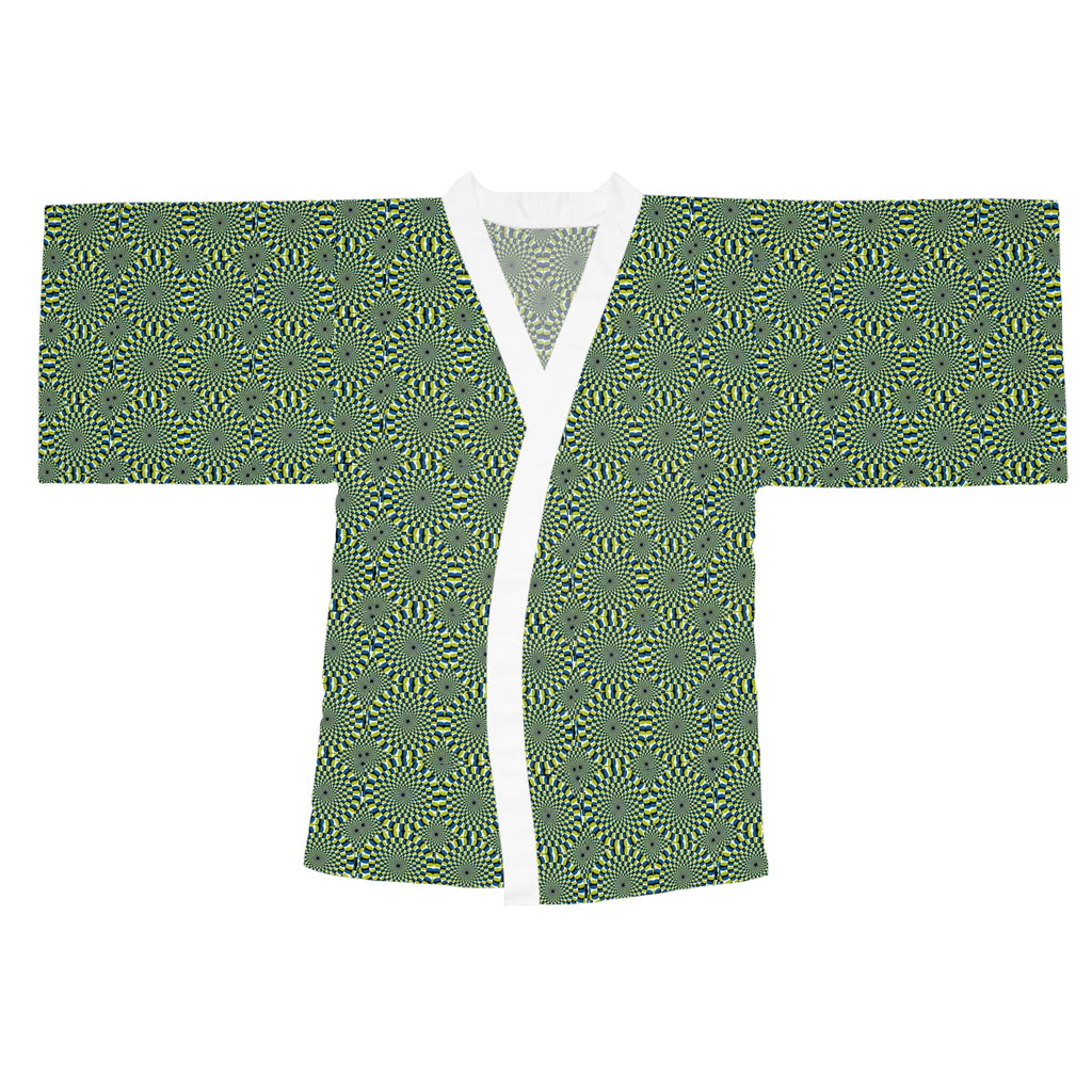 Green Geometric Kimono Robe – All-Over Spiral Pattern Long Sleeve