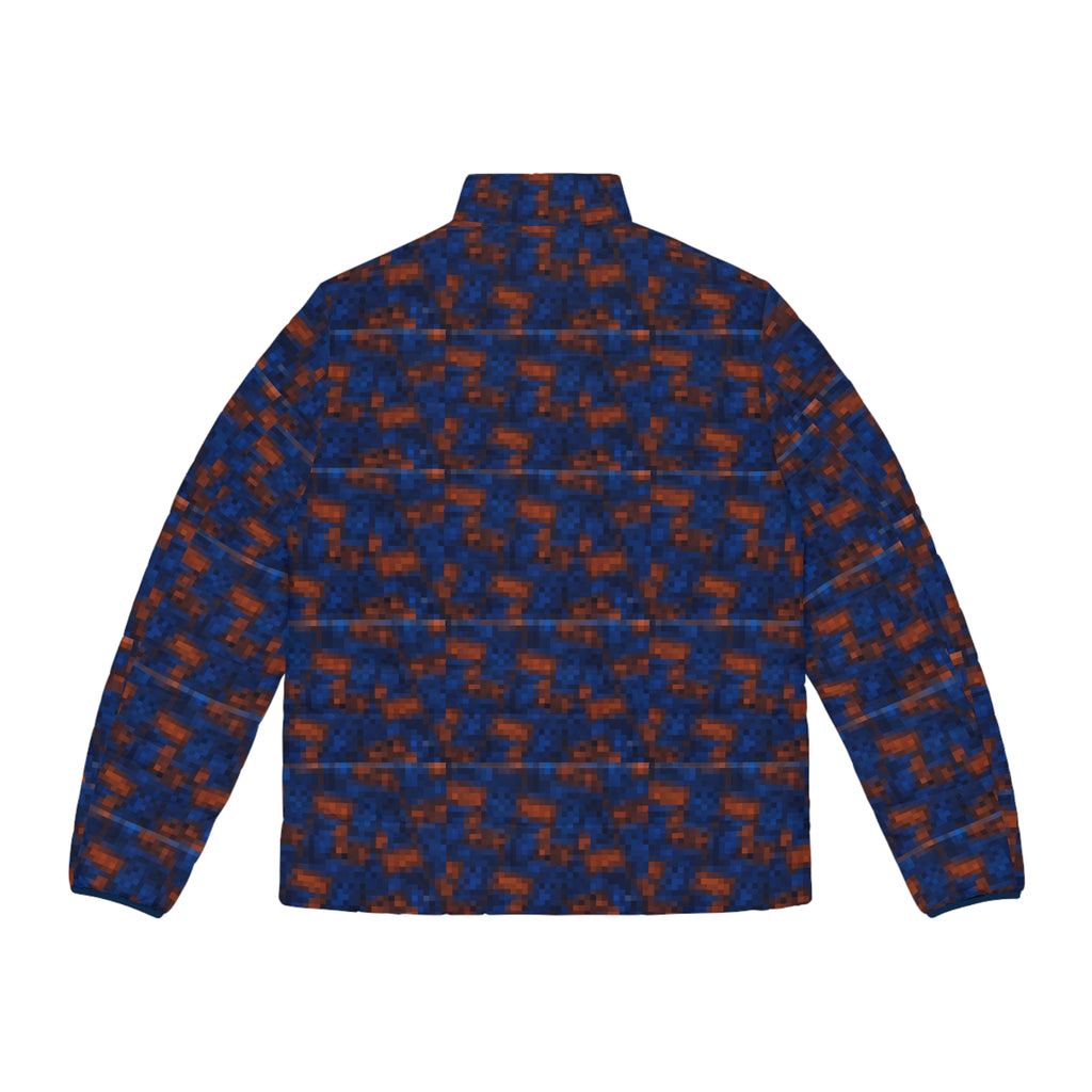 Men's Abstract Blue & Orange Puffer Jacket - All-Over Print Winter Coat