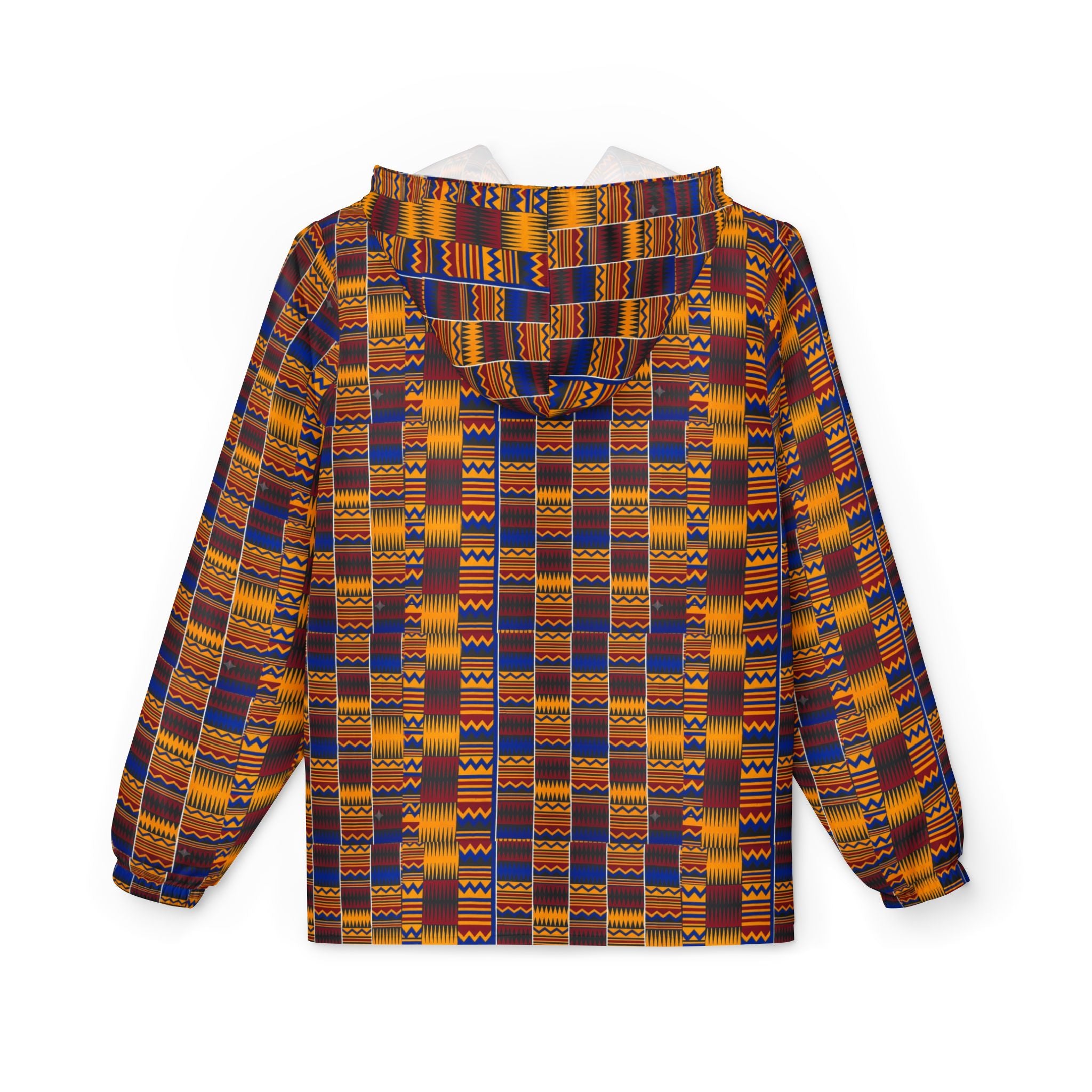 Kente Pattern Windbreaker Jacket – African-Inspired Lightweight Hooded Jacket