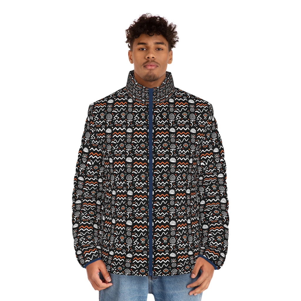 Men's Geometric Pattern Puffer Jacket - All-Over Print Winter Coat