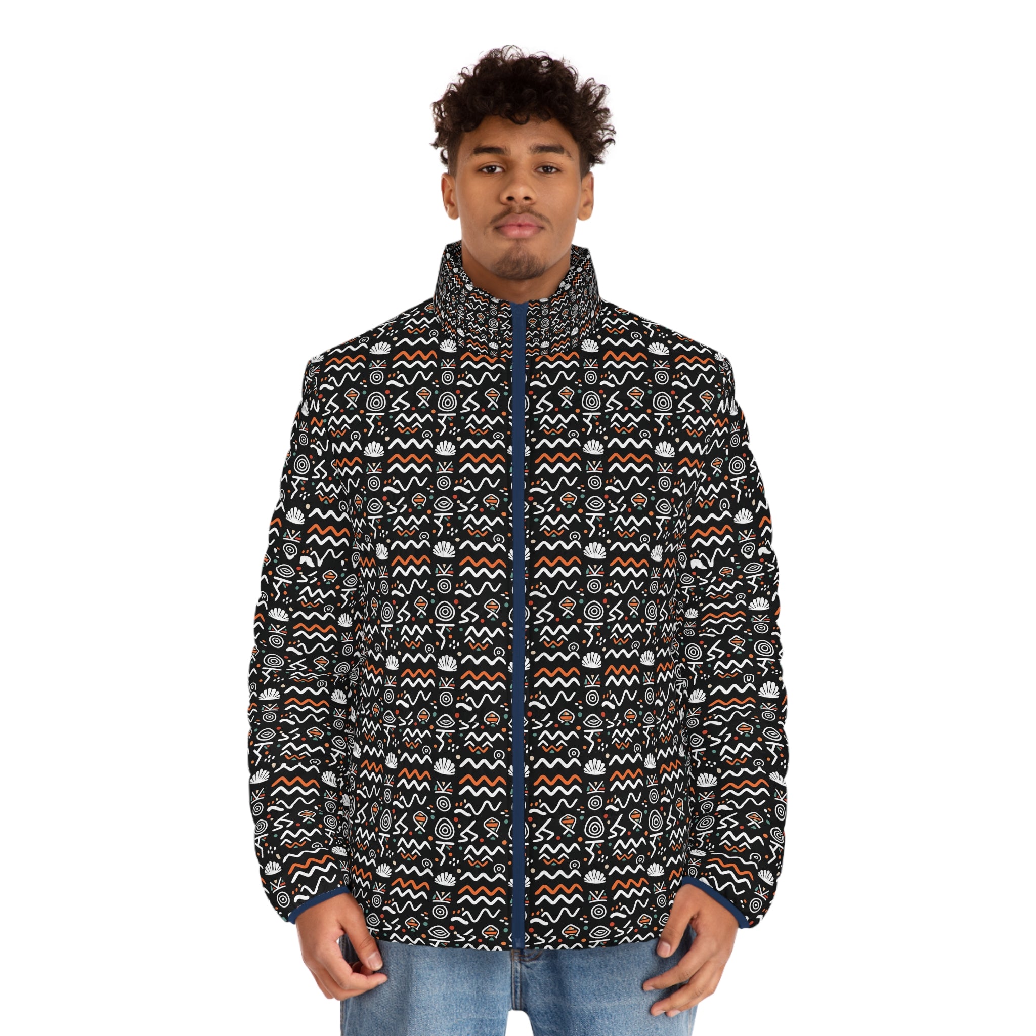 Men's Geometric Pattern Puffer Jacket - All-Over Print Winter Coat