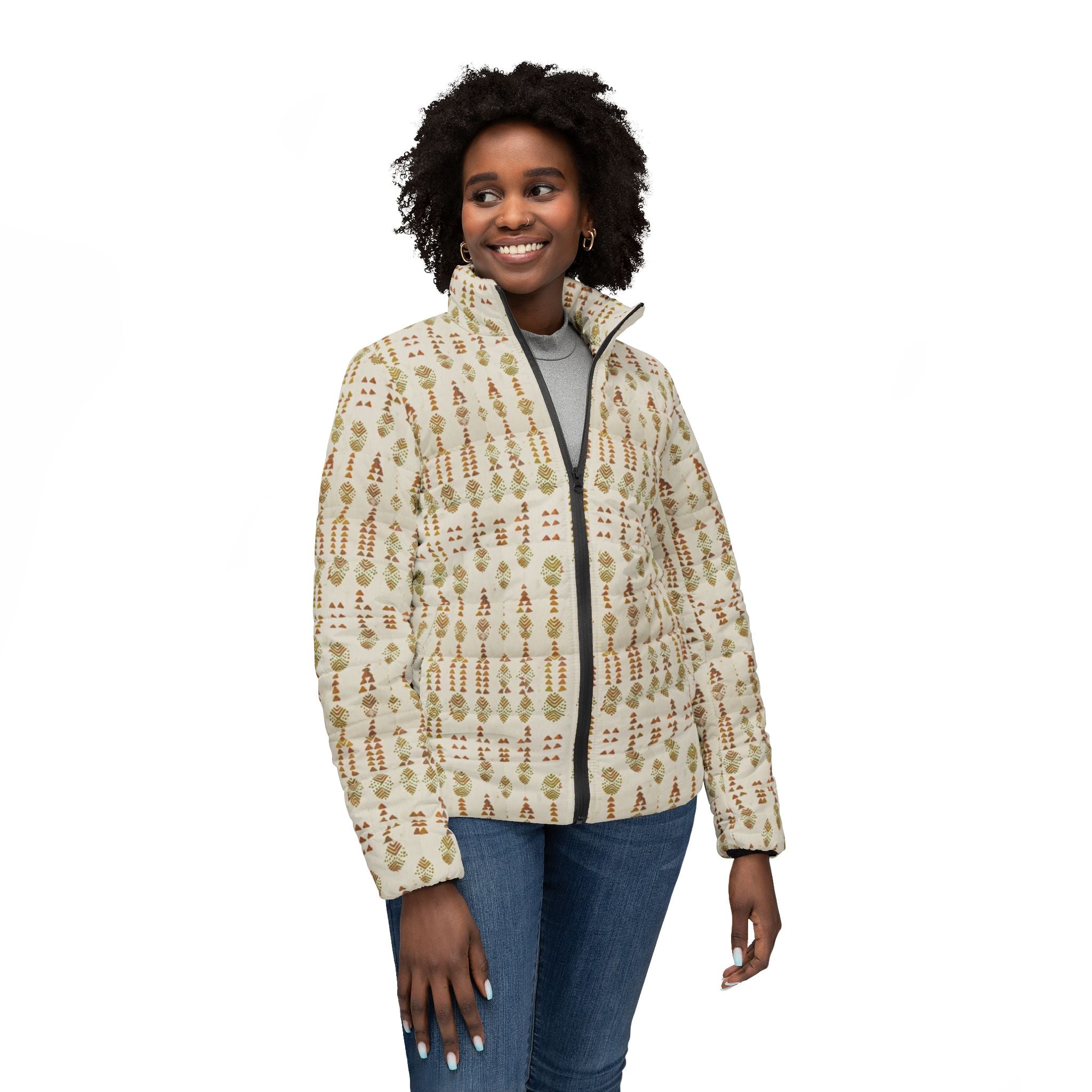 Women’s Puffer Jacket — Neutral Botanical Pattern All-Over Print