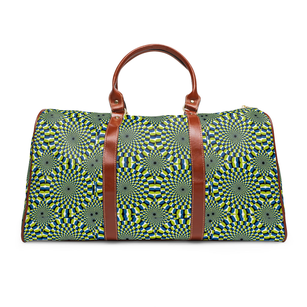 Waterproof Travel Duffle Bag — Green Geometric Optical Pattern, Leather Handles (Weekender)