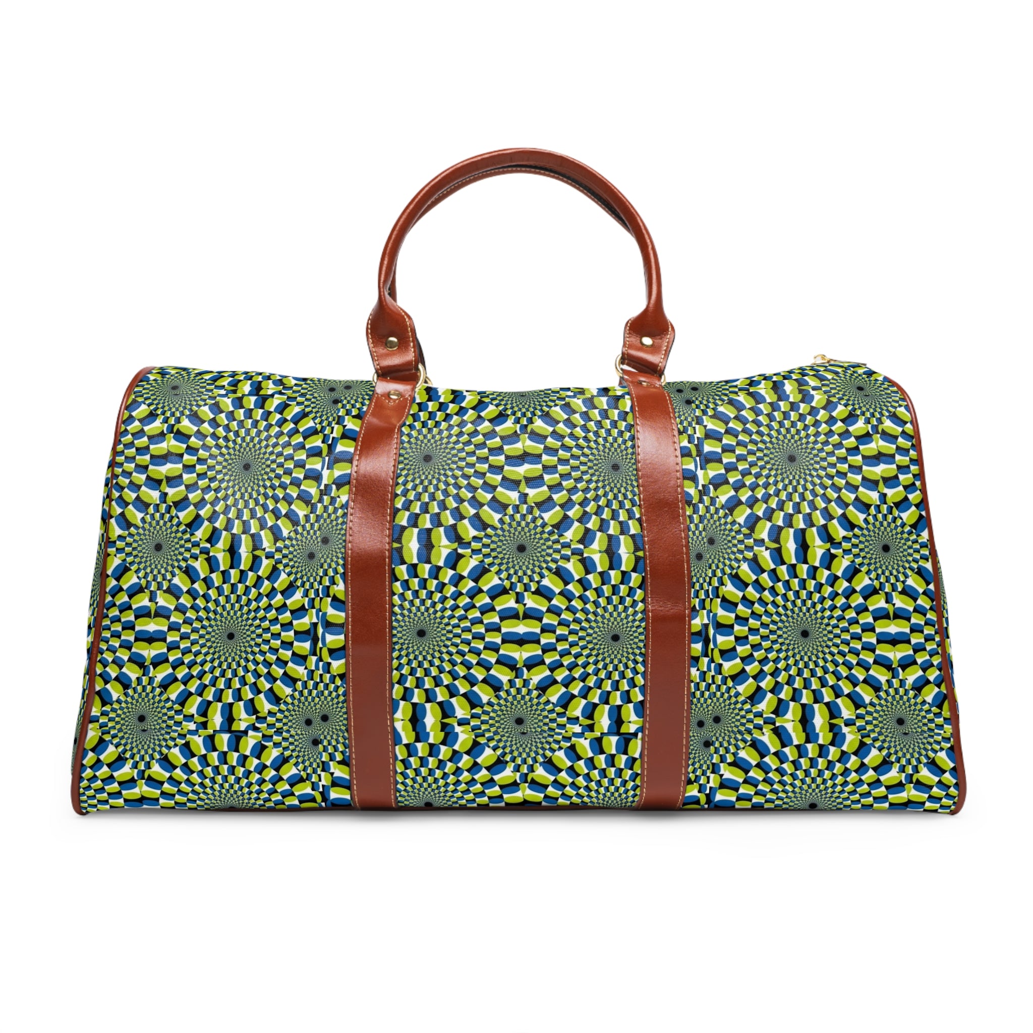 Waterproof Travel Duffle Bag — Green Geometric Optical Pattern, Leather Handles (Weekender)