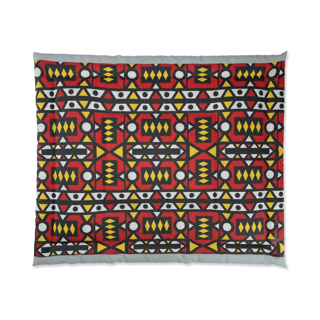 Geometric Tribal Comforter — Bold Red, Yellow & Black Pattern
