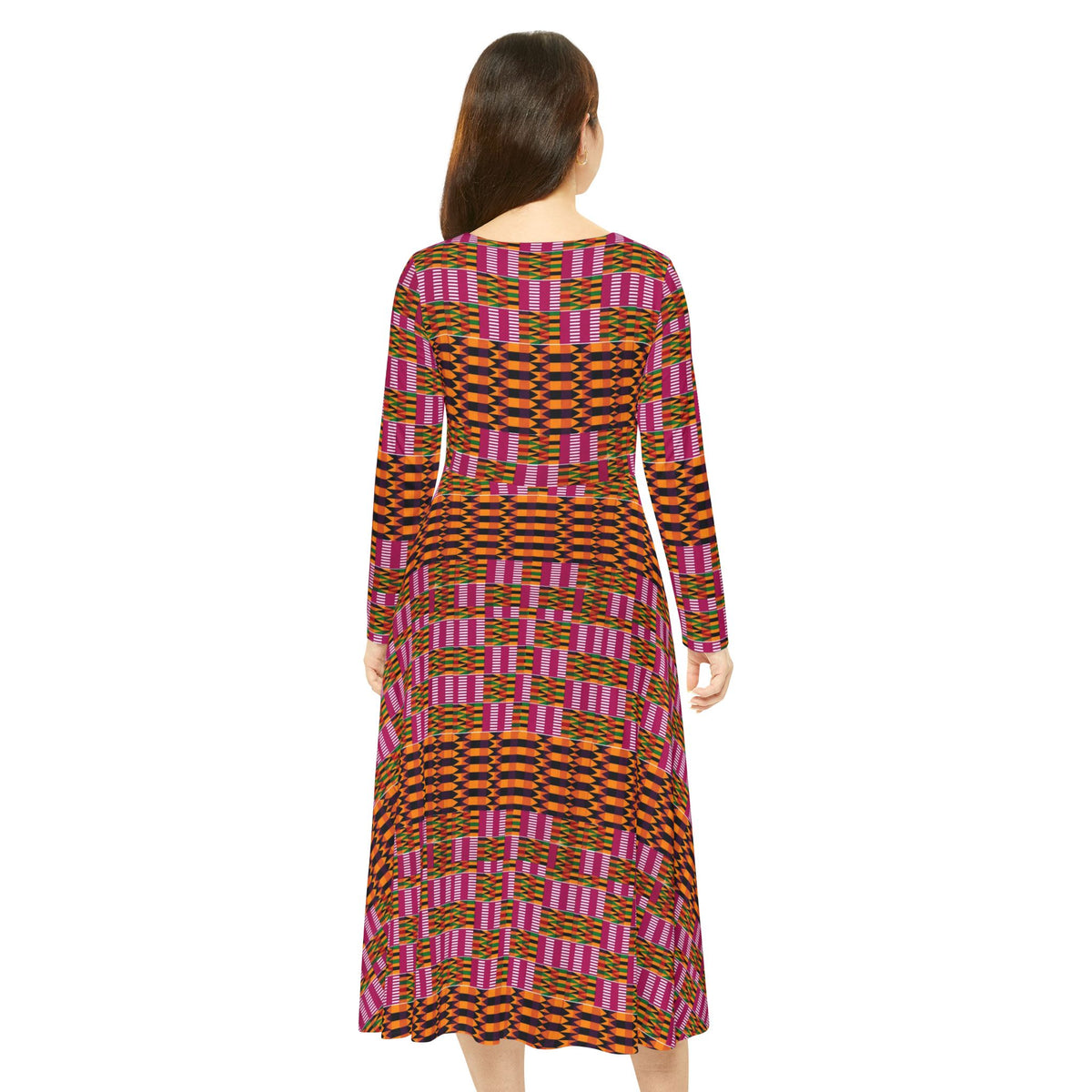 African-Inspired Long Sleeve Dance Dress — Pink & Orange Geometric AOP