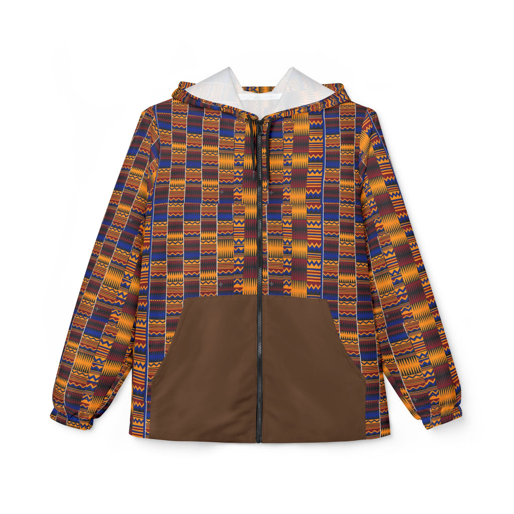Kente Pattern Windbreaker Jacket – African-Inspired Lightweight Hooded Jacket
