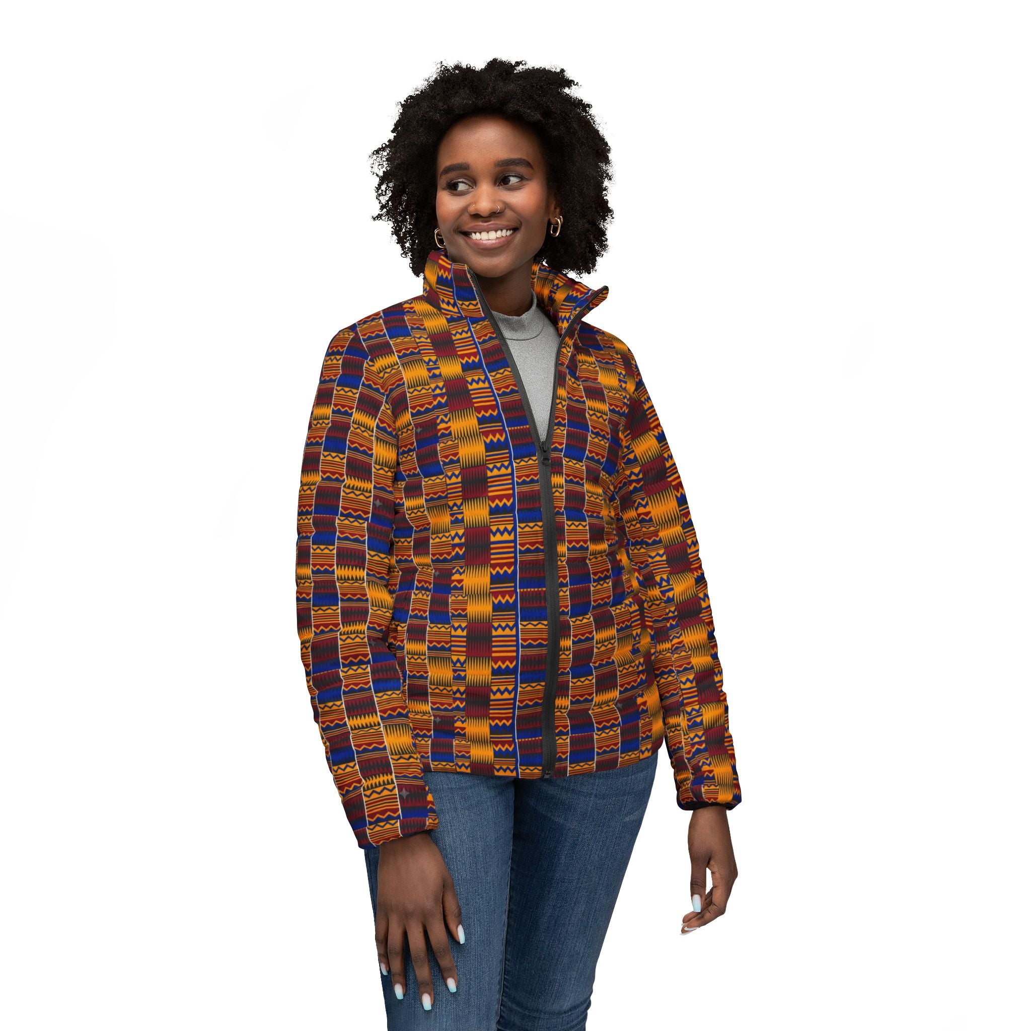 Kente-Inspired Women’s Puffer Jacket — Vibrant Geometric African Print Winter Coat