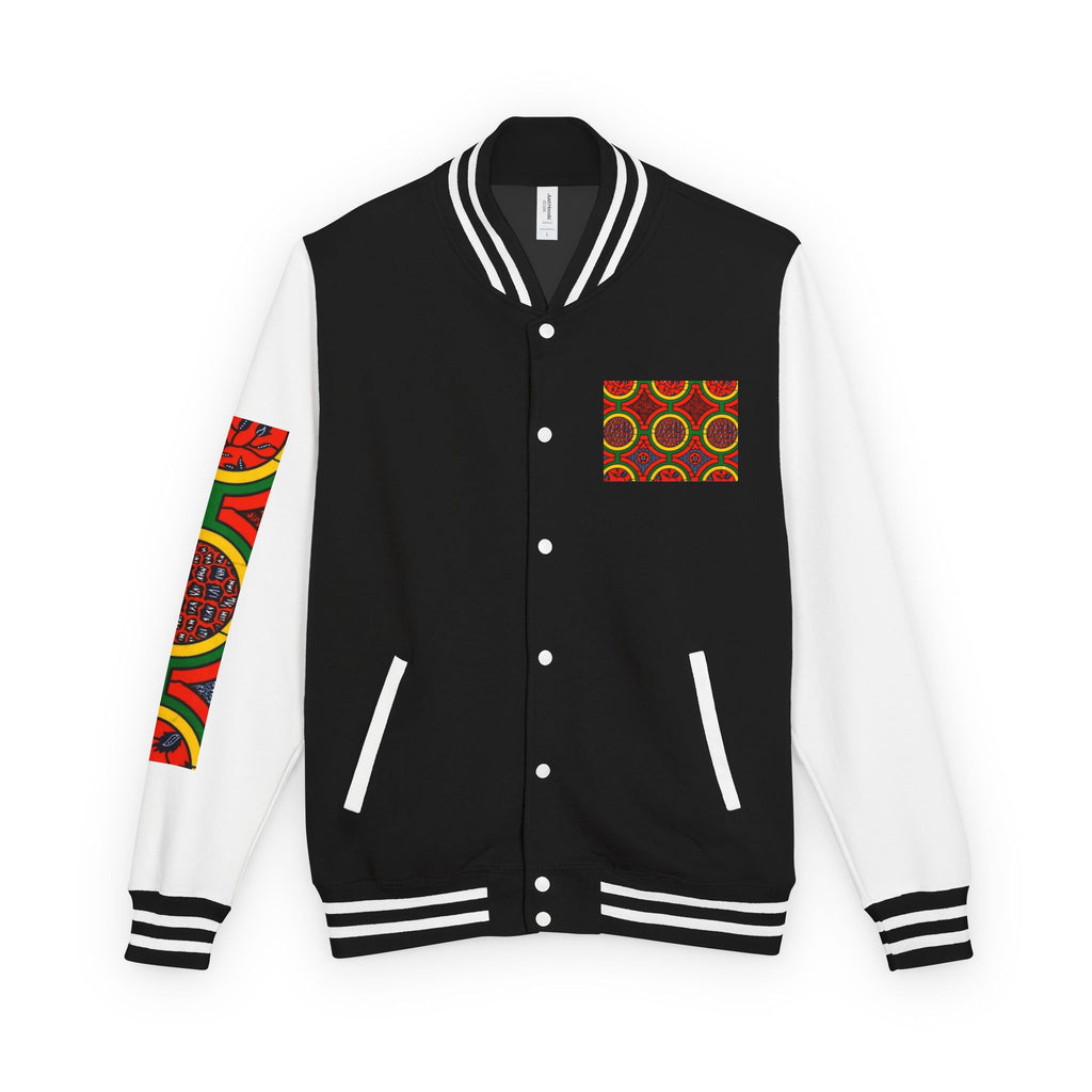 Retro African Wax Print Letterman Jacket - Bold Red & Green Pattern